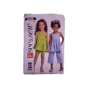See & Sew Girls Summer Gathered Tunic Dress and Pants, Sizes 6, 7, 8, Cut